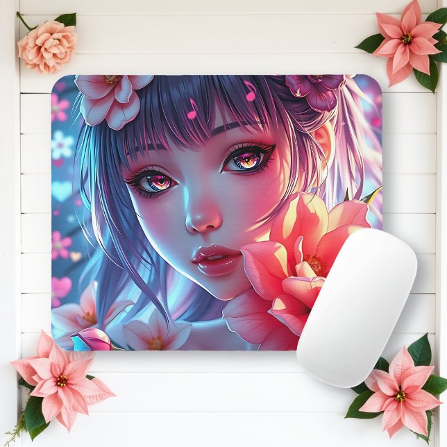 Beautiful Anime Girl Glitchcore Floral Mouse Mat (Creator Uploaded)