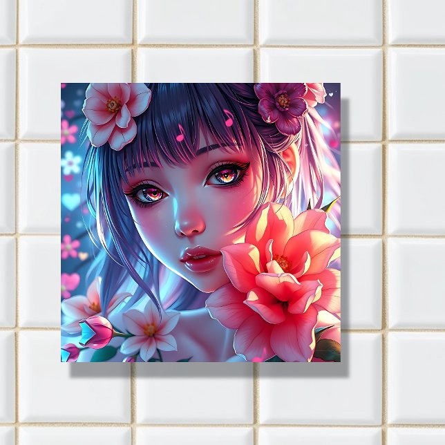 Beautiful Anime Girl Glitchcore Floral Tile (Creator Uploaded)
