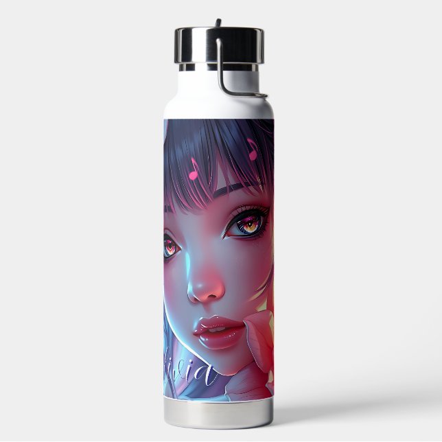 Beautiful Anime Girl Glitchcore Floral Water Bottle (Left)