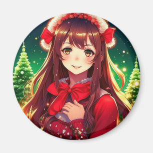 Beautiful Anime Girl in Festive Red Christmas Magnet