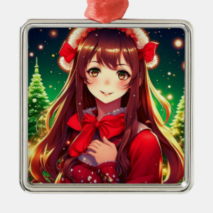 Beautiful Anime Girl in Red Christmas Metal Tree Decoration