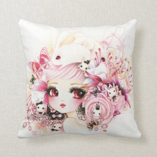 Beautiful anime girl with cute bunnies and flowers cushion