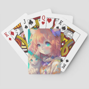 Beautiful Anime Girl with Cute Kitten Playing Cards