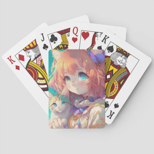 Beautiful Anime Girl with Cute Kitten Playing Cards (Back)