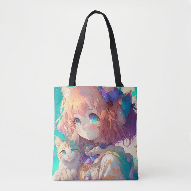 Beautiful Anime Girl with Cute Kitten Tote Bag (Front)