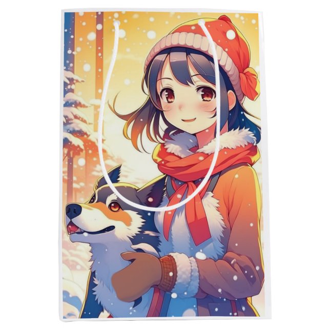 Beautiful Anime Girl with Husky Dog Christmas Medium Gift Bag (Front)