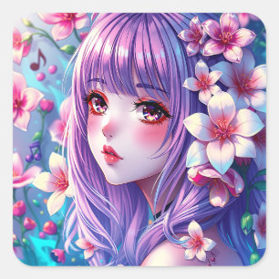 Beautiful Anime Girl with Purple Hair Square Sticker