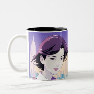 Beautiful Anime Woman New York City Style  Two-Tone Coffee Mug