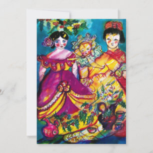 BEAUTIFUL ANTIQUE DOLL red blue purple yellow pink Invitation