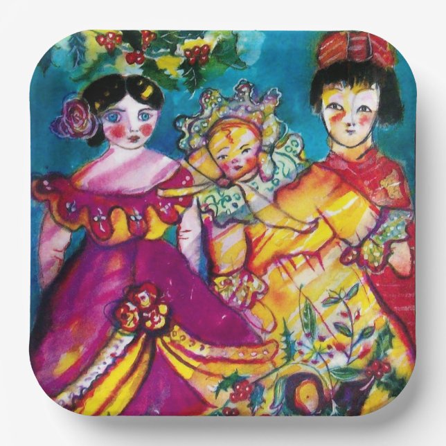 BEAUTIFUL ANTIQUE DOLLS With Christmas Decor Paper Plate (Front)