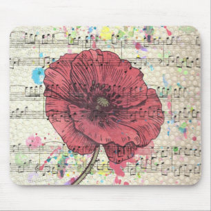 Beautiful antique poppy flower music notes mouse mat