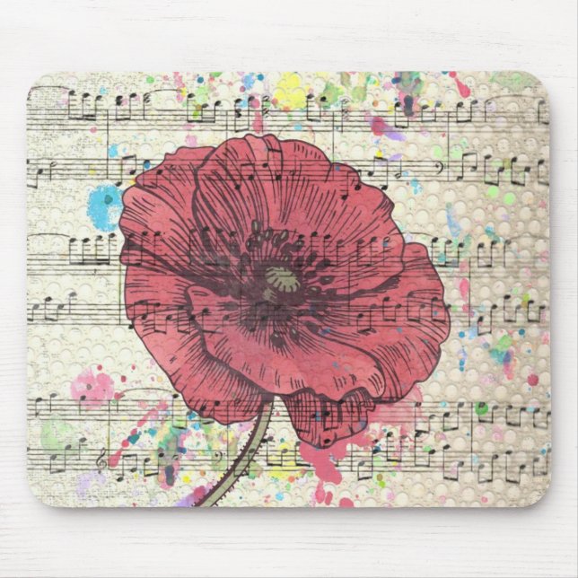 Beautiful antique poppy flower music notes mouse mat (Front)