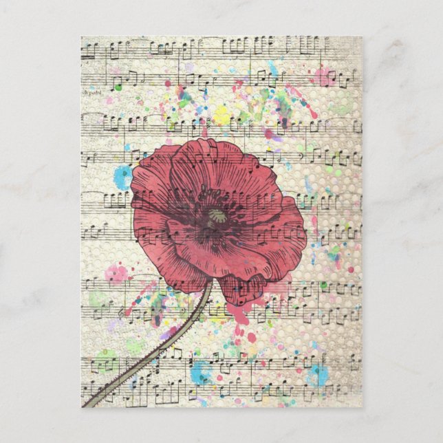 Beautiful antique poppy flower music notes postcard (Front)