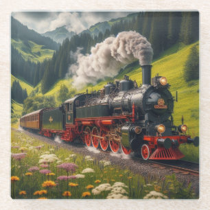 Beautiful Antique Steam Engine Locomotive Glass Coaster