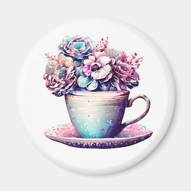 Beautiful Antique Teacup Vintage Flowers Magnet (Front)