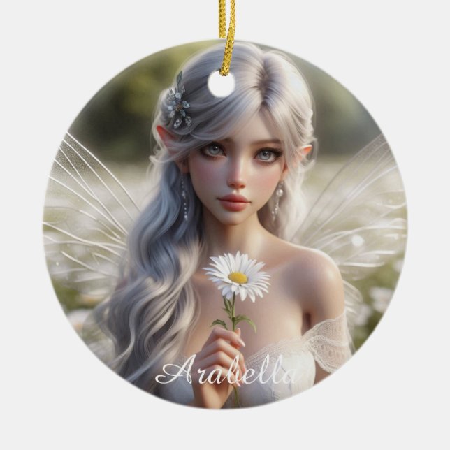 Beautiful April Fairy in Daisies Ceramic Tree Decoration (Front)