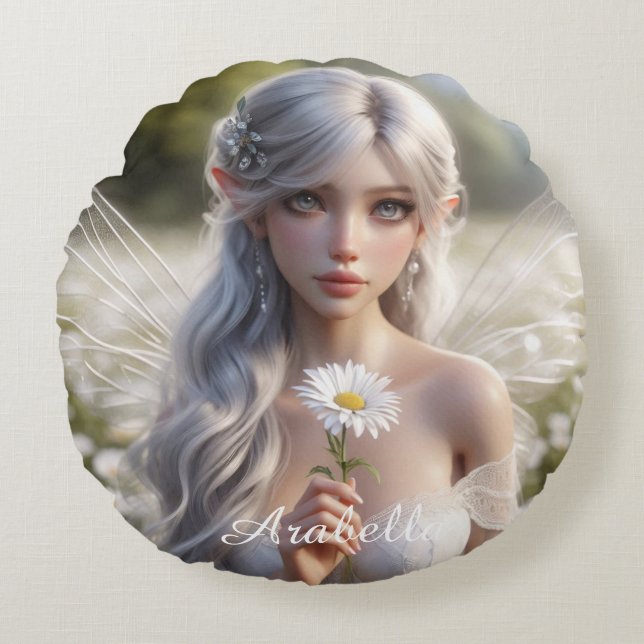 Beautiful April Fairy in Daisies Round Cushion (Front)
