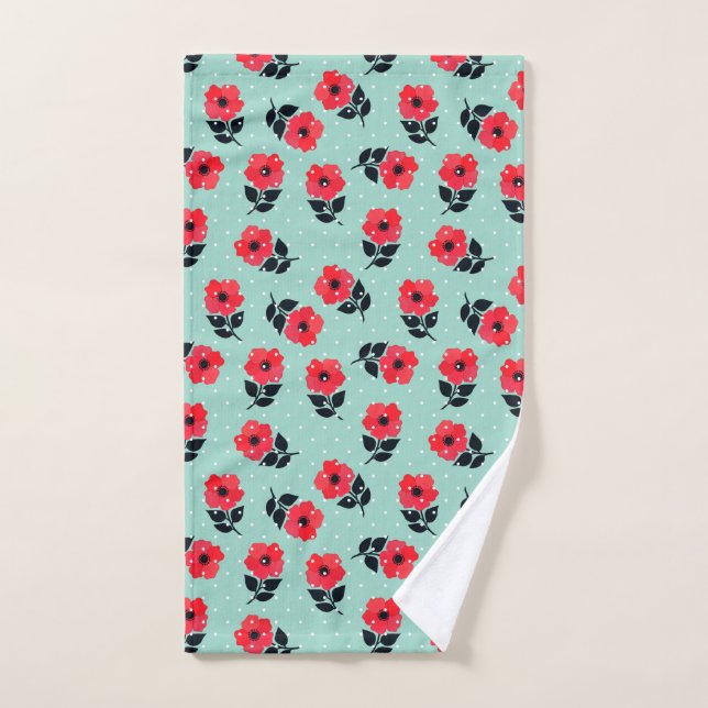 Beautiful Aqua and Red Floral Polka Dot Pattern Hand Towel (Hand Towel)