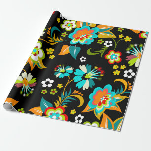 Beautiful Aqua & Black Abstract Floral Pattern Wrapping Paper