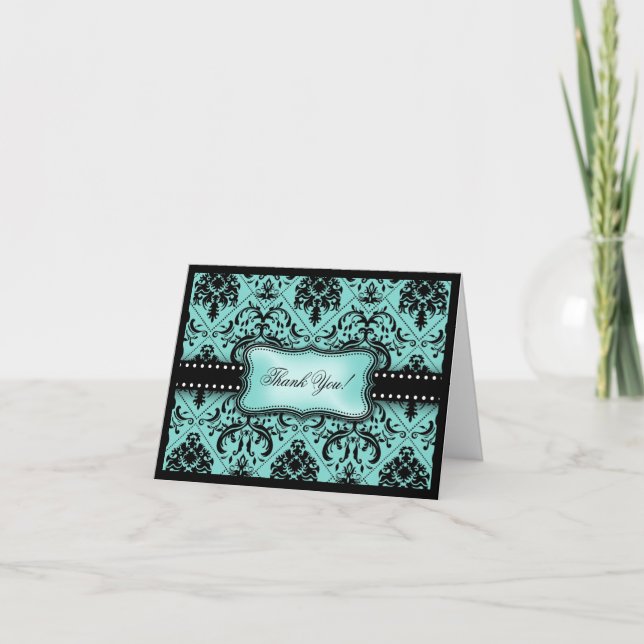 Beautiful Aqua Blue & Black Damask Thank You Card (Front)