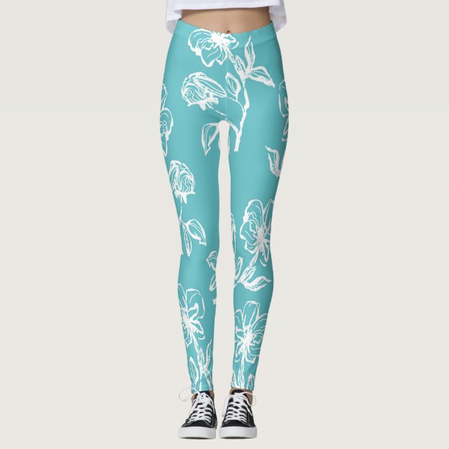 Beautiful Aqua Blue Floral Leggings (Front)