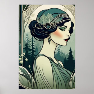Beautiful Art Deco 1920s Flapper Girl in green Poster