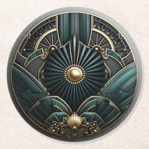 Beautiful Art Deco Green Gold Black Elegant Round Paper Coaster