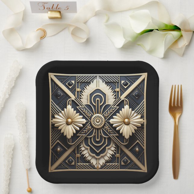 Beautiful Art Deco Ivory Cream Gold Black   Paper Plate (Wedding)
