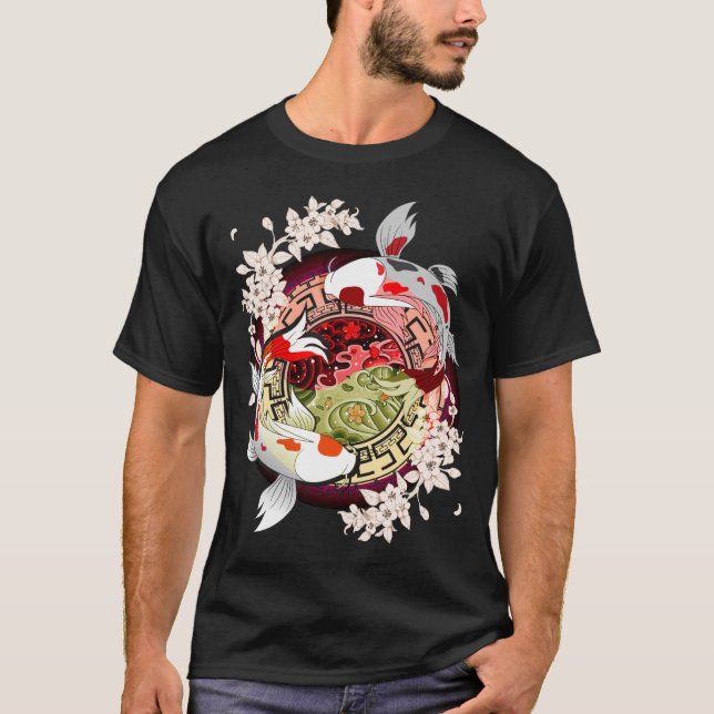 Beautiful Art Japanese Flower Koi Fish T-Shirt (Front)