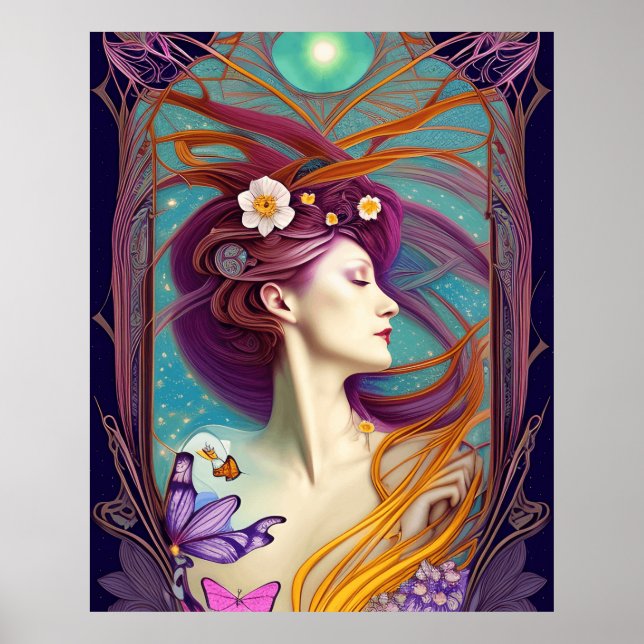 Beautiful Art Nouveau Blue teal butterfly flowers Poster (Front)