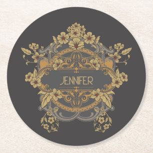 Beautiful Art Nouveau design with flowers  Round Paper Coaster