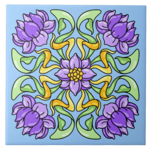Beautiful Art Nouveau tile with purple flowers