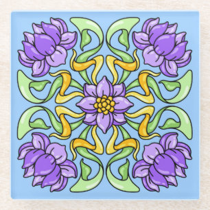 Beautiful Art Nouveau tile with purple flowers Glass Coaster