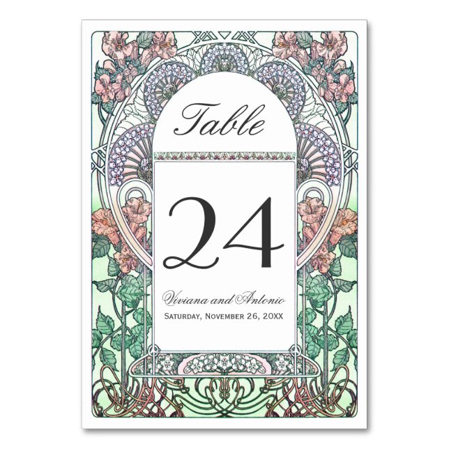 Beautiful Art Nouveau Wedding Table Numbers (Front)