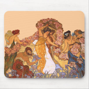 Beautiful Art Nouveau Women with Irises and Roses Mouse Mat