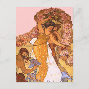Beautiful Art Nouveau Women with Irises and Roses Postcard