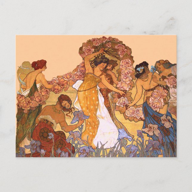 Beautiful Art Nouveau Women with Irises and Roses Postcard (Front)