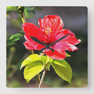 Beautiful Artistic Red Tropical Hibiscus Flower Square Wall Clock