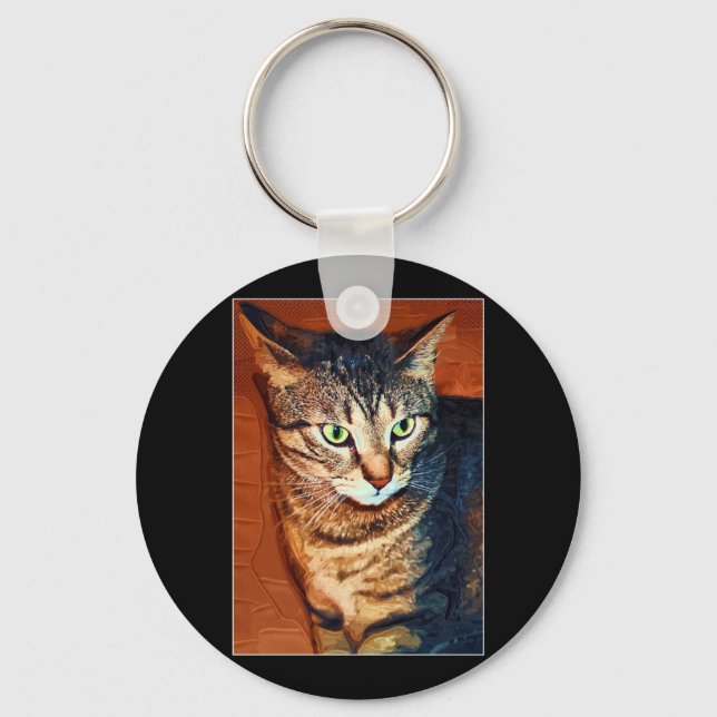 Beautiful Artistic Tabby Cat Key Ring (Front)