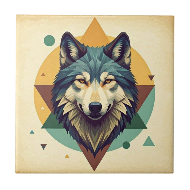 Beautiful artistic vintage geometric wolf Brown Tile (Front)