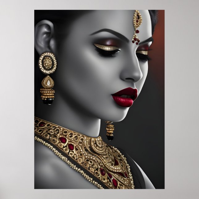 Beautiful Asian Indian woman Black White Red lips Poster (Front)