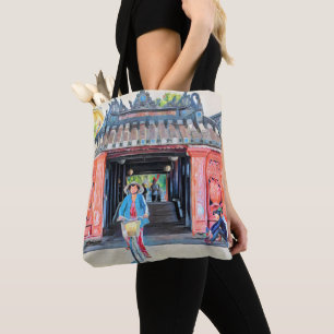 Beautiful Asian Scene Vietnam Art Pink Watercolor Tote Bag