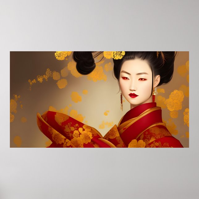 Beautiful Asian woman geisha red gold 2 Poster (Front)