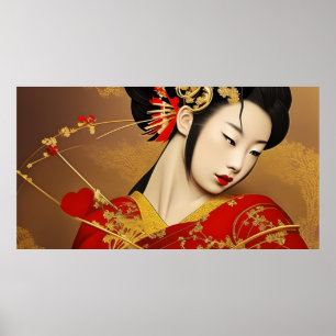 Beautiful Asian woman geisha red gold Poster