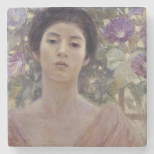 Beautiful Asian Woman with Morning Glory Flowers Stone Coaster