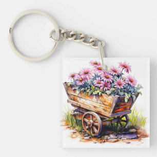 Beautiful Aster Flowers In A Wheel Barrel Key Ring