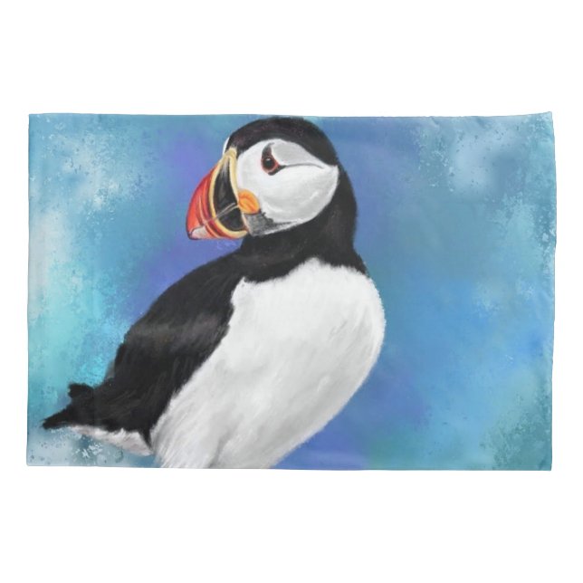 Beautiful Atlantic Puffin Bird Painting Art Migned Pillowcase (Back)