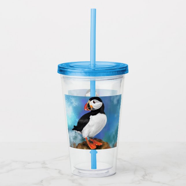 Beautiful Atlantic Puffin Bird Painting Migned Art Acrylic Tumbler (Front)