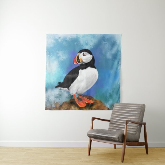 Beautiful Atlantic Puffin Bird Painting Tapestry (In Situ)