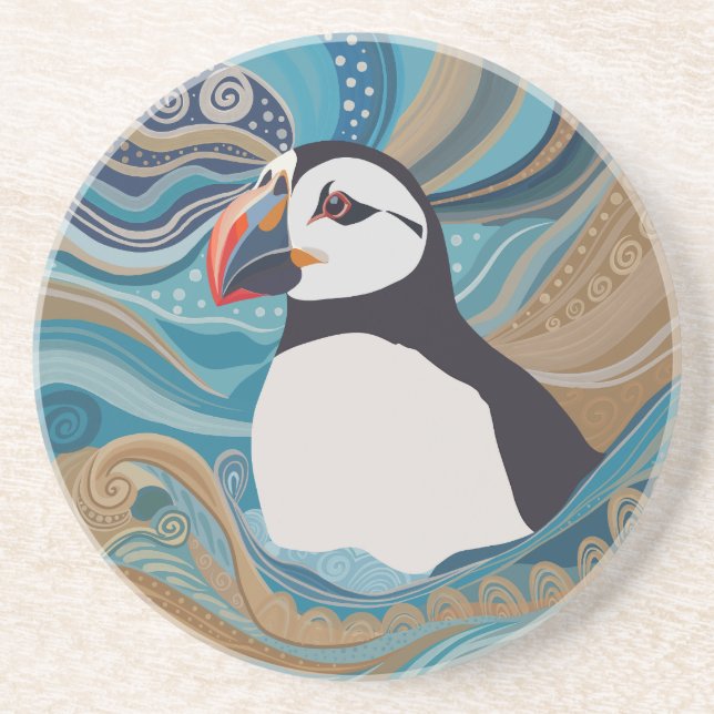 Beautiful Atlantic Puffin Ocean Waves Coaster (Front)